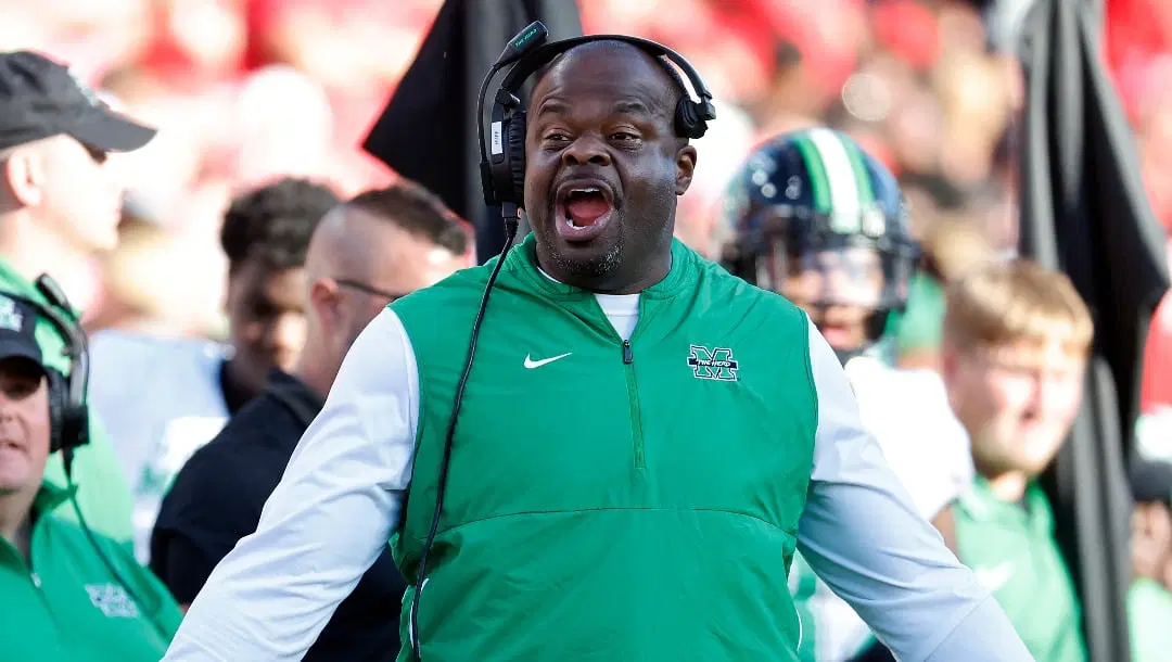 Marshall head coach Charles Huff protests a call during the second half of an NCAA college football game against North Carolina State in Raleigh, N.C., Saturday, Oct. 7, 2023. (AP Photo/Karl B DeBlaker)