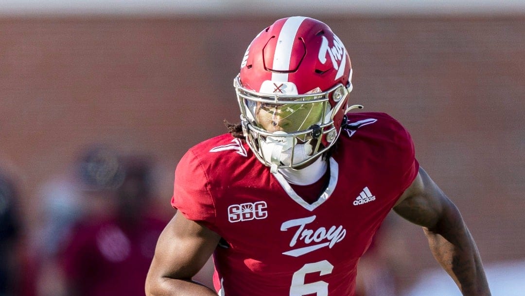 Troy wide receiver Chris Lewis (6) during an NCAA football game on Saturday, Oct. 7, 2023, in Troy, Ala. (AP Photo/Vasha Hunt)