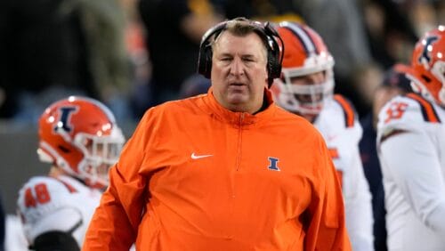 Illinois head coach Bret Bielema watches from the sideline during the second half of an NCAA college football game against Iowa, Saturday, Nov. 18, 2023, in Iowa City, Iowa. Iowa won 15-13. (AP Photo/Charlie Neibergall)