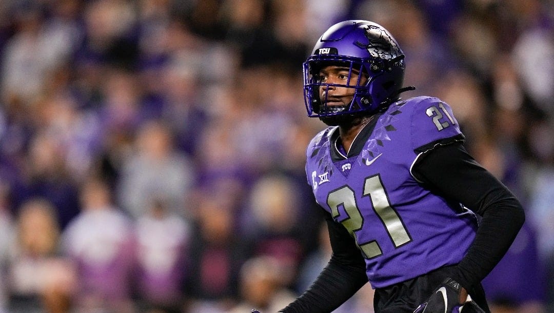 TCU safety Bud Clark works out prior to an NCAA college football game between TCU and Texas, Saturday, Nov. 11, 2023, in Fort Worth, Texas. Texas won 29-26. (AP Photo/Julio Cortez)