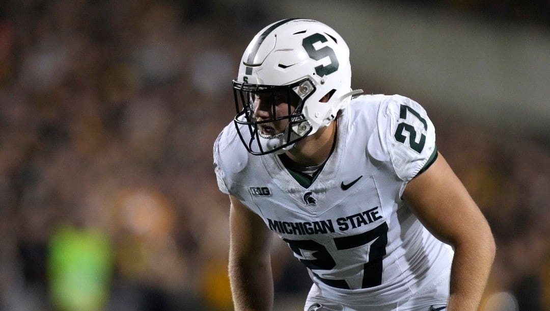 Michigan State linebacker Cal Haladay (27) gets set for a play during the second half of an NCAA college football game against Iowa, Saturday, Sept. 30, 2023, in Iowa City, Iowa. Iowa won 26-16. (AP Photo/Charlie Neibergall)