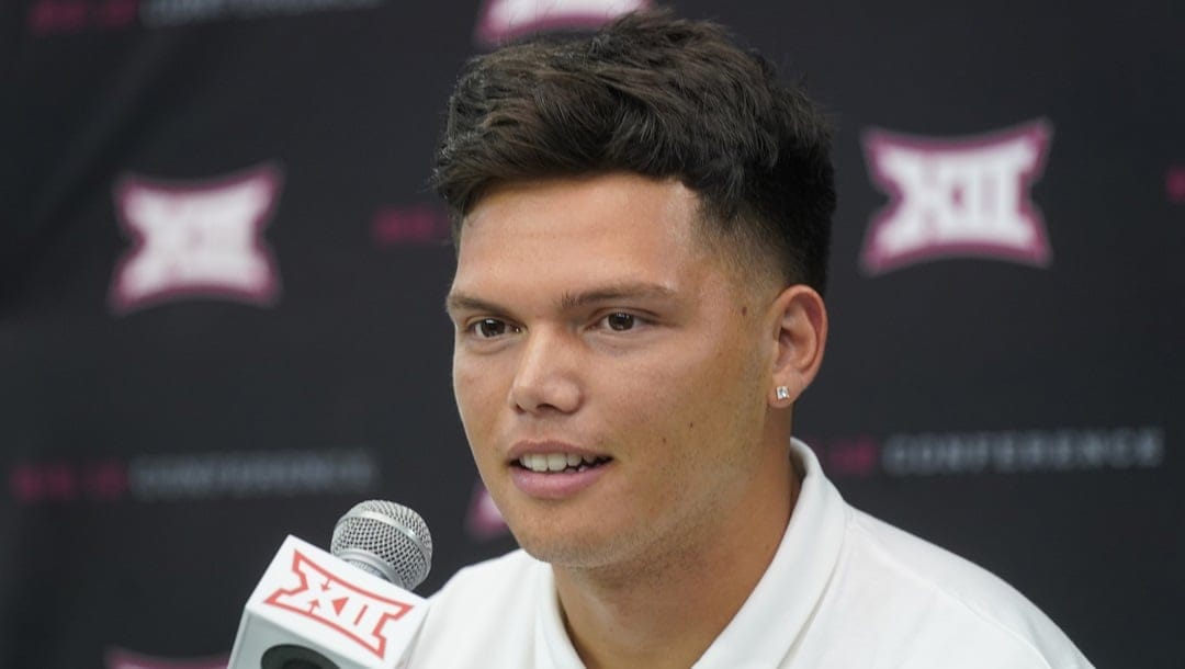 Oklahoma quarterback Dillon Gabriel listens to a question during the NCAA college football Big 12 media days in Arlington, Texas, Thursday, July 14, 2022.