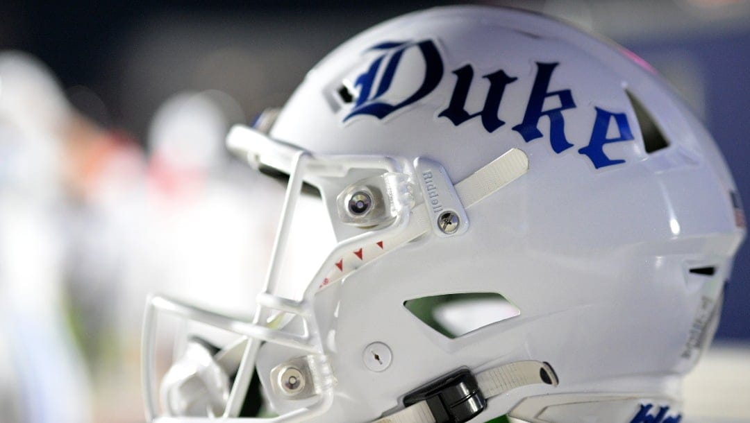 A Duke helmet sits on a table on the sideline during the first half of an NCAA college football game against Florida State, Saturday, Oct. 21, 2023, in Tallahassee, Fla. (AP Photo/Phelan M. Ebenhack)