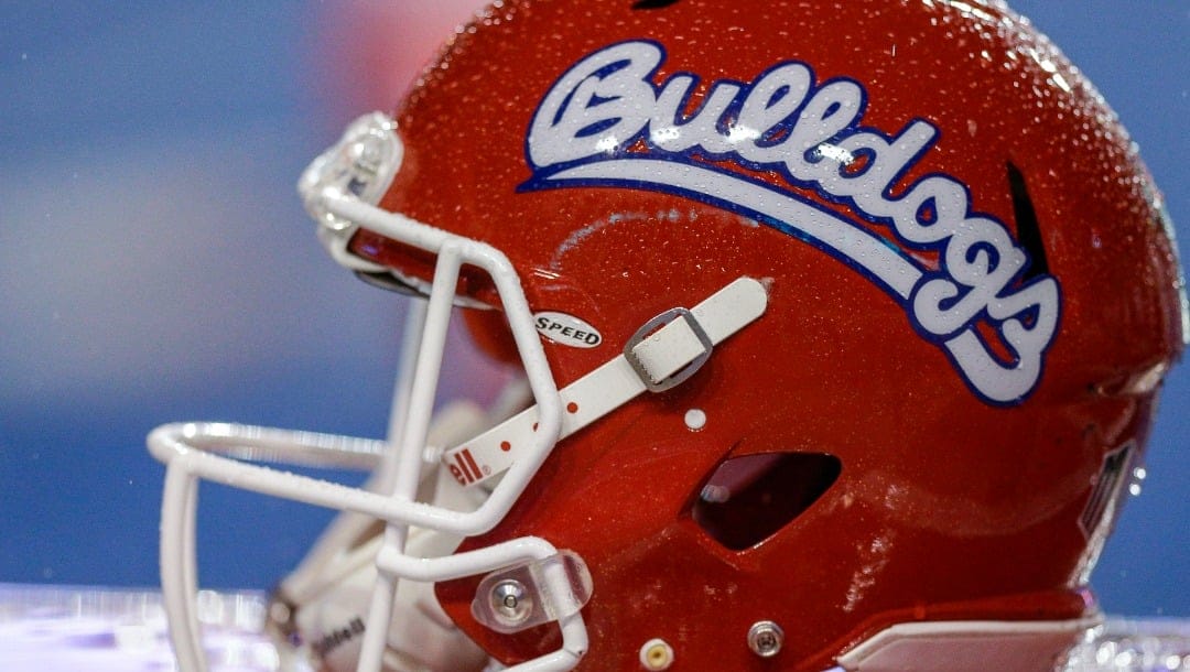 Fresno State helmet in the first half of an NCAA college football game for the Mountain West championship against Boise State, Saturday, Dec. 1, 2018, in Boise, Idaho. Fresno State won 19-16. (AP Photo/Steve Conner)