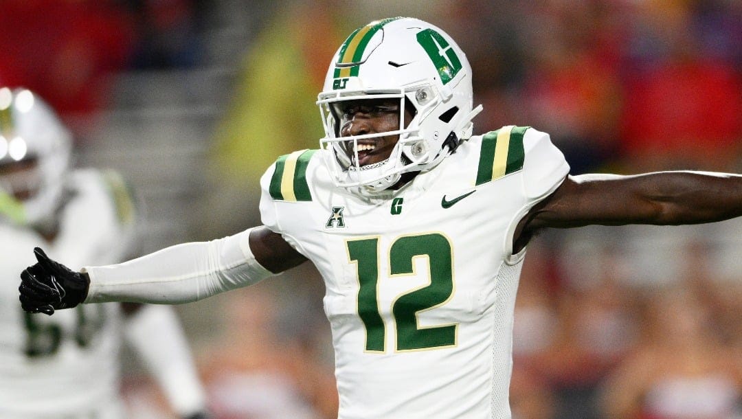 Charlotte wide receiver Jairus Mack (12) reacts during the first half of an NCAA college football game against Maryland, Saturday, Sept. 9, 2023, in College Park, Md. (AP Photo/Nick Wass)