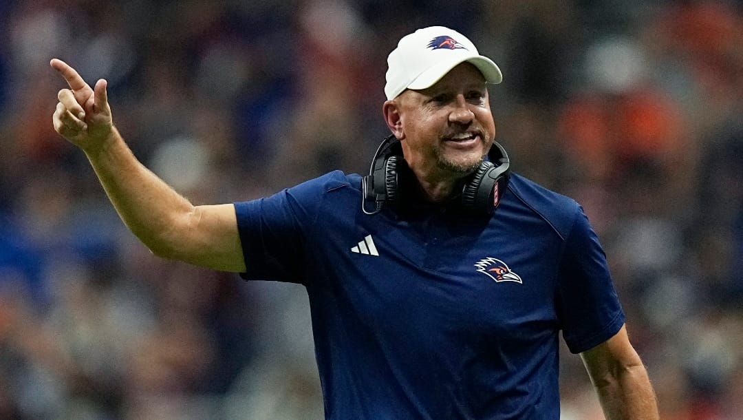 UTSA head coach Jeff Traylor argues a call during the second half of an NCAA college football game against Texas State, Saturday, Sept. 9, 2023, in San Antonio. (AP Photo/Eric Gay)