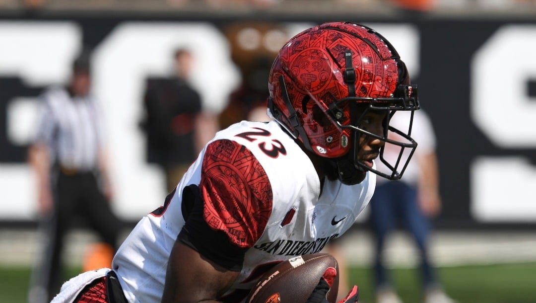 San Diego State's Kenan Christon (23) returns a kick during the first half of an NCAA college football game Saturday, Sept. 16, 2023, in Corvallis, Ore. (AP Photo/Mark Ylen)