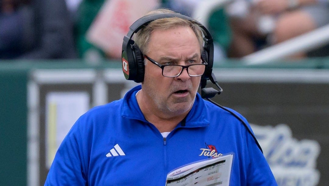 Tulsa head coach Kevin Wilson reacts during an NCAA college football game against Tulane in New Orleans, Saturday, Nov. 11, 2023. (AP Photo/Matthew Hinton)