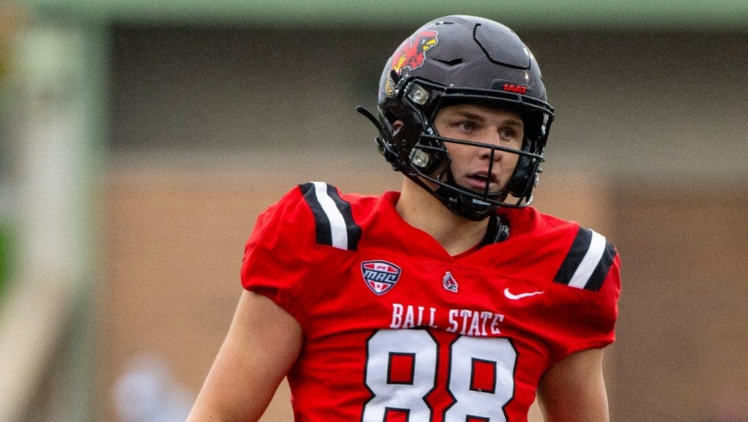 Ball State tight end Tanner Koziol (88) during an NCAA football game on Saturday, Oct. 14, 2023, in Muncie, Ind. (AP Photo/Doug McSchooler)