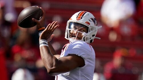 Virginia Tech quarterback Kyron Drones (1) during NCAA football game against Rutgers, Saturday, Sept. 16, 2023 in Piscataway, N.J. Rutgers won 35-16. (AP Photo/Vera Nieuwenhuis)