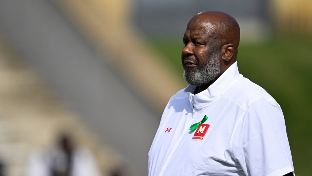 Maryland head coach Mike Locksley looks on during pre-game warm-ups before an NCAA college football game against Indiana, Saturday, Sept. 30, 2023, in College Park, Md. (AP Photo/Terrance Williams)