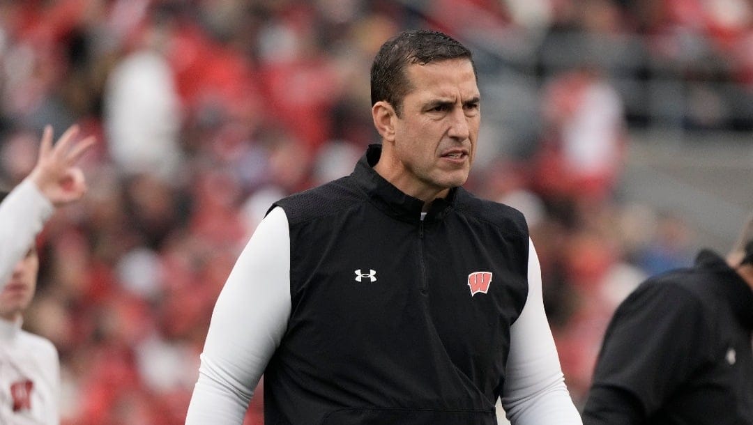 Wisconsin head coach Luke Fickell reacts during the first half of an NCAA college football game against Northwestern Saturday, Nov. 11, 2023, in Madison, Wis. (AP Photo/Morry Gash)