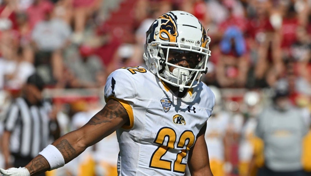 Kent State wide receiver Chrishon McCray (22) gets ready to run a play against Arkansas during an NCAA football game on Saturday, Sept.9, 2023, in Fayetteville, Ark. (AP Photo/Michael Woods)