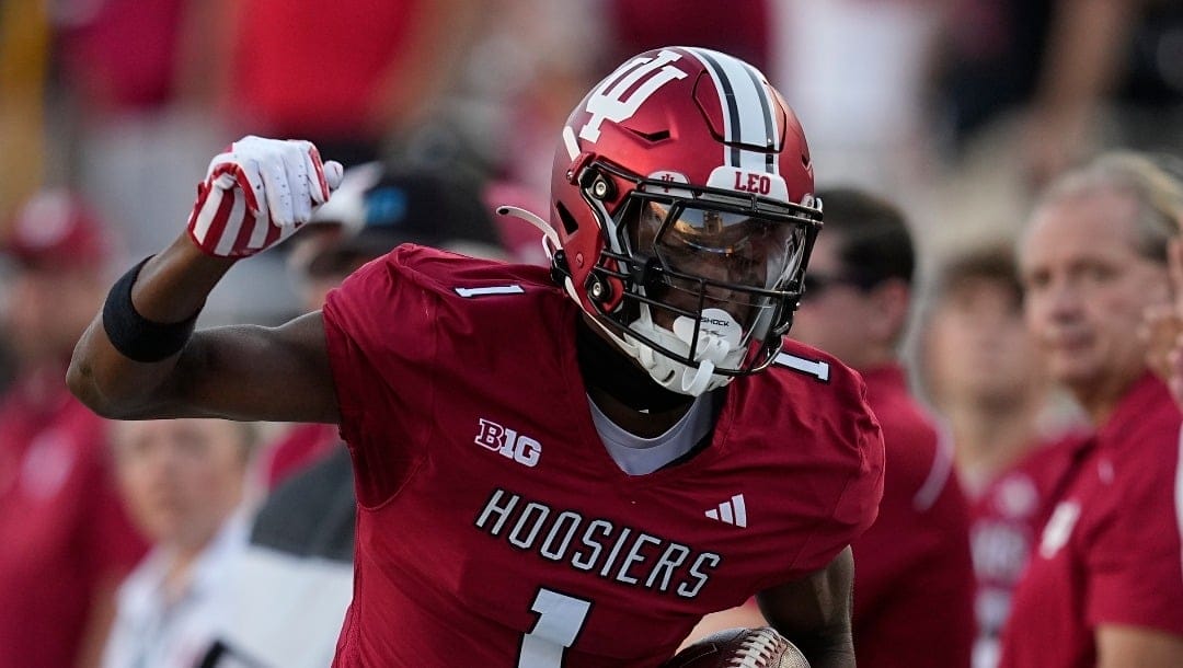 Indiana wide receiver Donaven McCulley (1) runs during the first half of an NCAA college football game against Indiana State, Friday, Sept. 8, 2023, in Bloomington, Ind. (AP Photo/Darron Cummings)