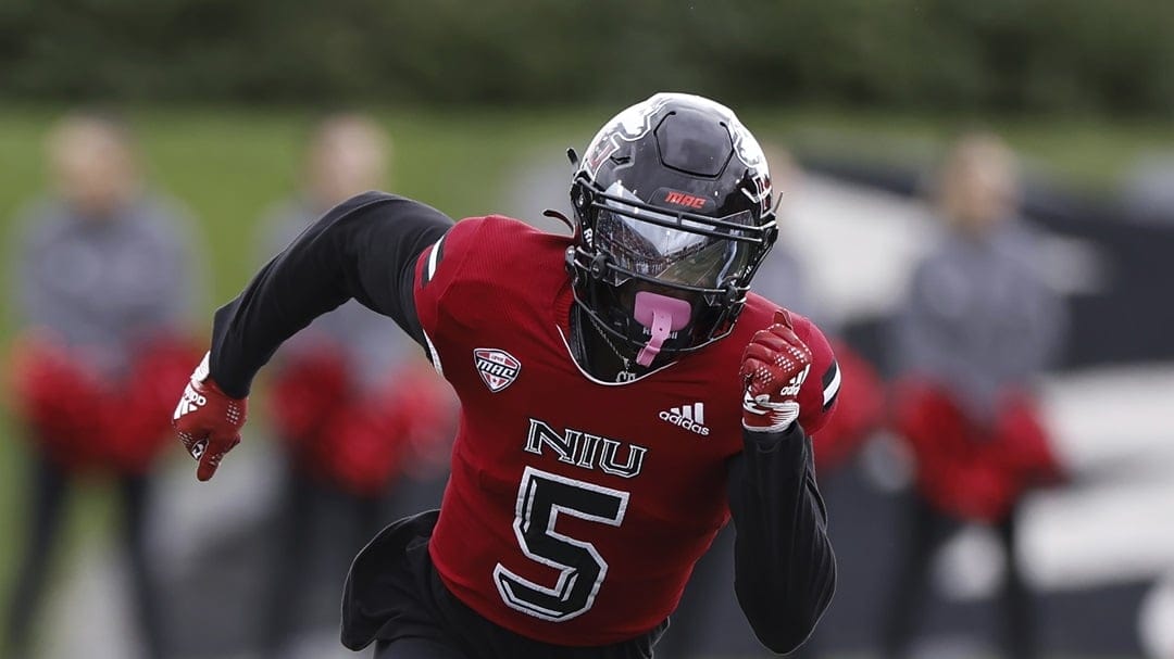 Northern Illinois Huskies cornerback Gabriel Amegatcher (5) runs on the field during the first half of an NCAA football game against Ohio Bobcats on Saturday, Oct. 14, 2023, in Dekalb, Ill.