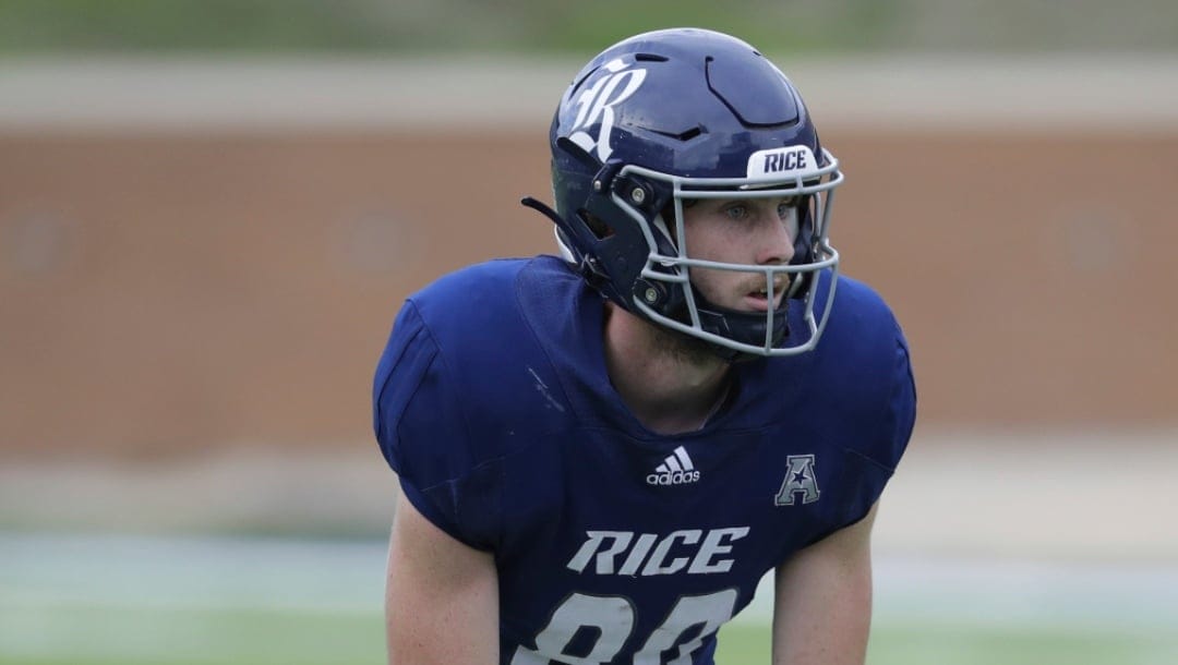 Rice wide receiver Rawson MacNeill during an NCAA football game against Connecticut on Saturday, Oct. 7, 2023, in Houston. (AP Photo/Michael Wyke)