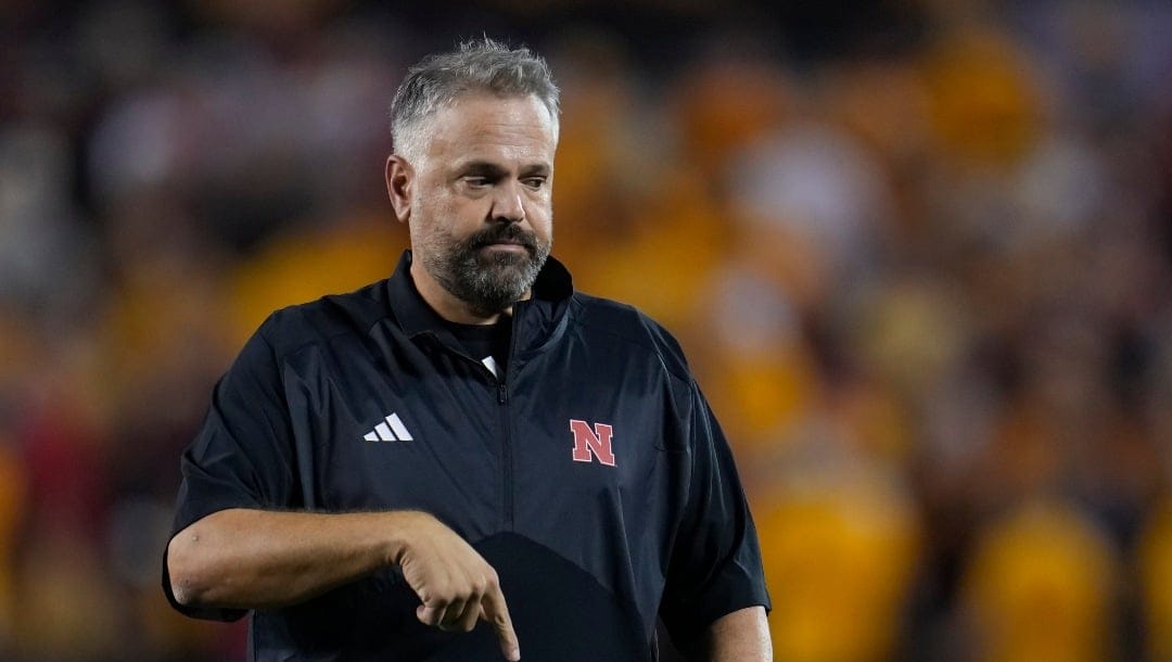 Nebraska head coach Matt Rhule reacts during the first half of an NCAA college football game against Minnesota, Thursday, Aug. 31, 2023, in Minneapolis. (AP Photo/Abbie Parr)