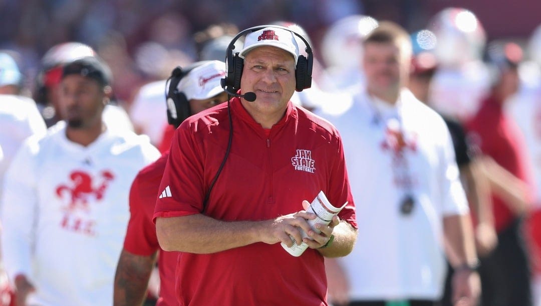 Jacksonville State head coach Rich Rodriguez smiles after his team ties the game 14-14 during the first half of an NCAA college football game against South Carolina on Saturday, Nov. 4, 2023, in Columbia, S.C. (AP Photo/Artie Walker Jr.)