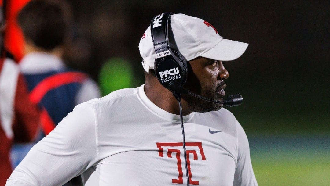 Temple Head Coach Stan Drayton looks towards the field during the first half of an NCAA college football game against Duke in Durham, N.C., Friday, Sept. 2, 2022. (AP Photo/Ben McKeown)