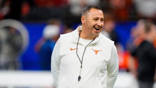 FILE - Texas head coach Steve Sarkisian looks on before the Sugar Bowl CFP NCAA semifinal college football game against Washington, Monday, Jan. 1, 2024, in New Orleans. Sarkisian’s contract extension will push his guaranteed salary to $10.3 million this year under details released by the school's Board of Regents. That will make him one of the highest paid coaches in the country after leading the Longhorns to the Big 12 championship and their first appearance in the College Football Playoff (AP Photo/Jacob Kupferman, File)