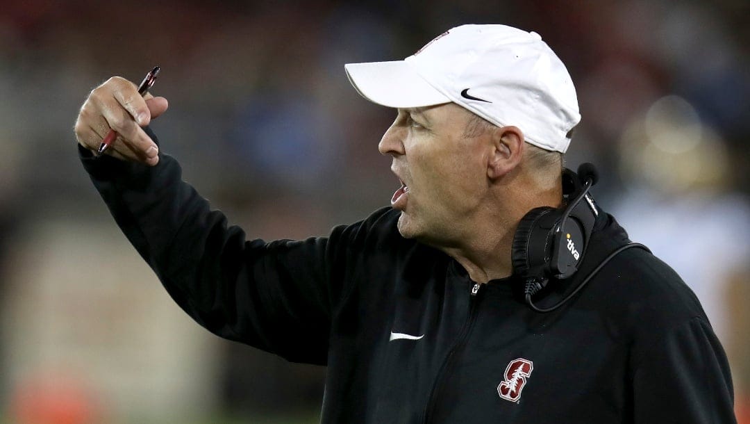 Stanford head coach Troy Taylor gestures during an NCAA college football game against UCLA, Saturday, Oct. 21, 2023, in Stanford, Calif. (AP Photo/Scot Tucker)