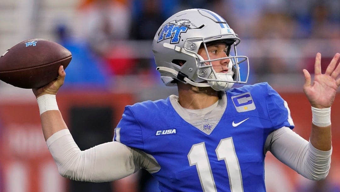 Middle Tennessee quarterback Nicholas Vattiato (11) throws a pass against Murray State during the first half of an NCAA college football game Saturday, Sept. 16, 2023, in Murfreesboro, Tenn. (AP Photo/George Walker IV)