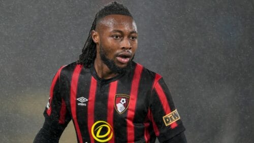 Bournemouth's Antoine Semenyo during the English Premier League soccer match between Bournemouth and Crystal Palace, at The Vitality Stadium in Bournemouth, England, Tuesday, April 2, 2024.