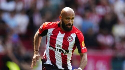 Brentford's Bryan Mbeumo runs into position during the English Premier League soccer match between Brentford and Crystal Palace, at the Gtech Community Stadium in London, Sunday, Aug. 18, 2024.