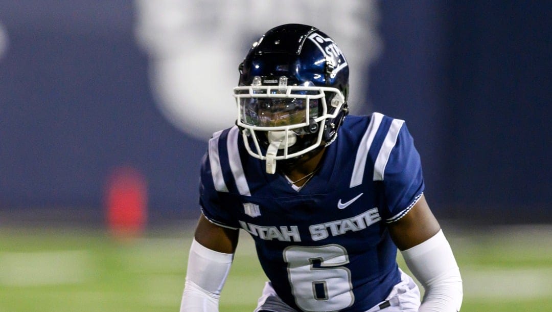 Utah State safety Ike Larsen (6) lines up on defense during an NCAA football game on Saturday, Oct. 7, 2023 in Logan, Utah. (AP Photo/Tyler Tate)