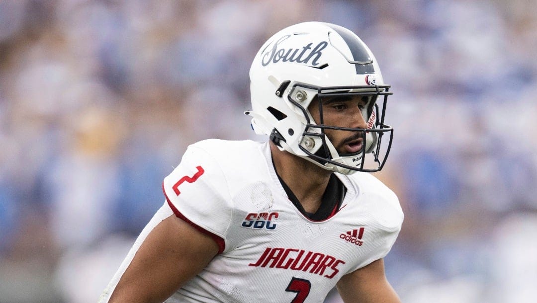 South Alabama safety Jaden Voisin (2) takes his stance during an NCAA football game against UCLA on Saturday, Sept. 17, 2022, in Pasadena, Calif. (AP Photo/Kyusung Gong)