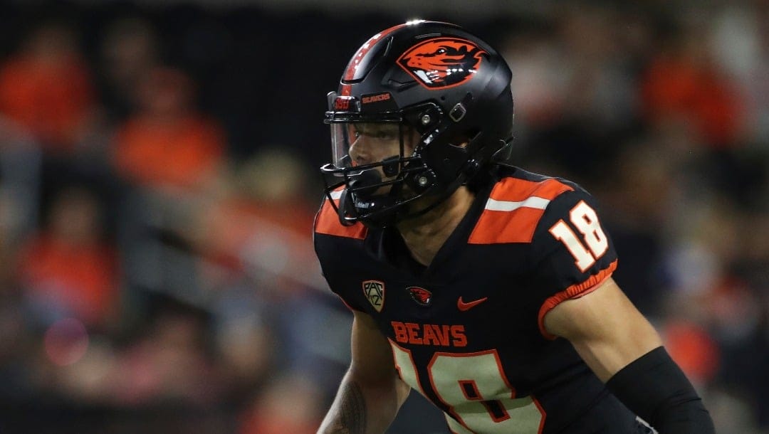 Oregon State wide receiver Jeremiah Noga (18) plays during the second half of an NCAA college football game against UC Davis Saturday, Sept. 9, 2023, in Corvallis, Ore. Oregon State won 55-7. (AP Photo/Amanda Loman)