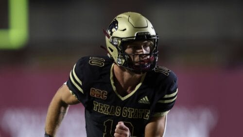 Texas State wide receiver Joey Hobert (10) competes against Louisiana Monroe during an NCAA football game on Saturday, Oct. 14, 2023, in San Marcos Texas. (AP Photo/Stephen Spillman)