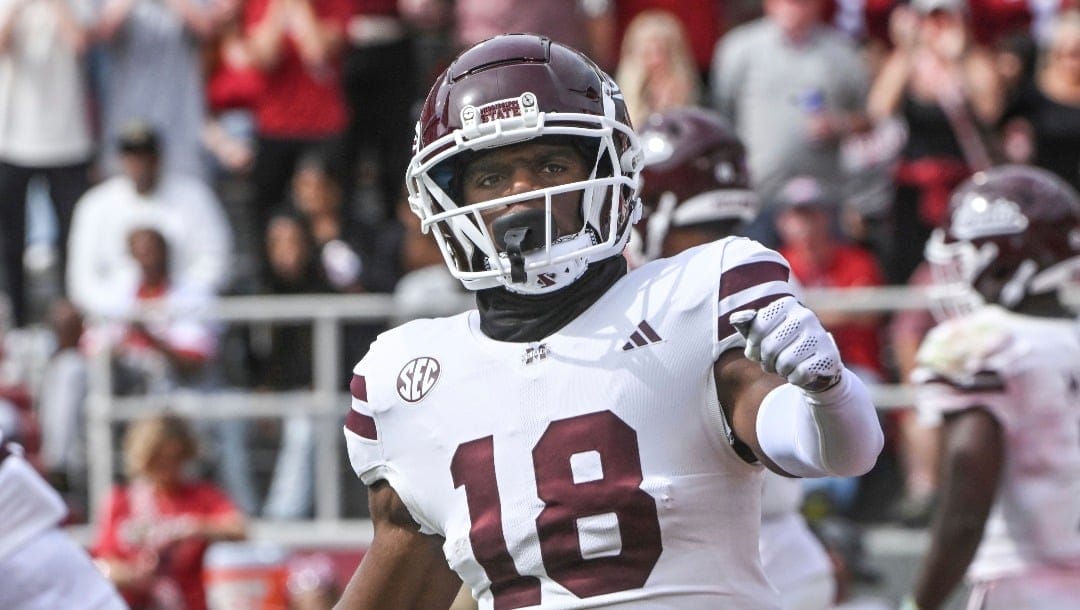 Mississippi State wide receiver Jordan Mosley (18) runs a play against Arkansas during an NCAA college football game Saturday, Oct. 21, 2023, in Fayetteville, Ark. (AP Photo/Michael Woods)