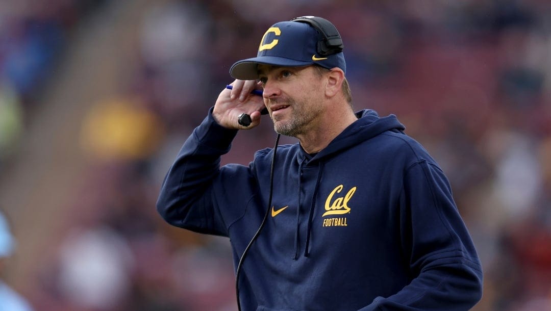 California head coach Justin Wilcox stands on the sidelines during the first half of an NCAA college football game against Stanford in Stanford, Calif., Saturday, Nov. 18, 2023. (AP Photo/Jed Jacobsohn)