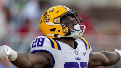 LSU running back Kaleb Jackson (28) signals while watching a replay during the first half of an NCAA football game against Mississippi on Saturday, Sept. 30, 2023, in Oxford, Miss. (AP Photo/Vasha Hunt)