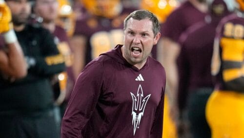 Arizona State head coach Kenny Dillingham shouts at officials during the second half of an NCAA college football game against Colorado, Saturday, Oct. 7, 2023, in Tempe, Ariz. (AP Photo/Ross D. Franklin)