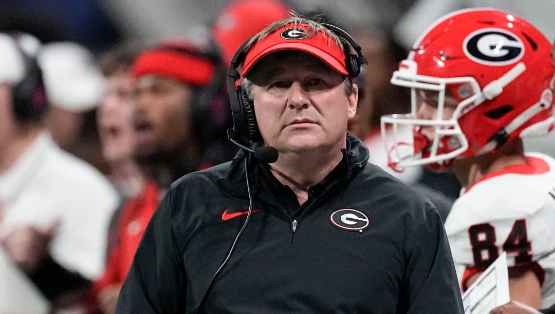 Georgia head coach Kirby Smart watches a play during the first half of the Southeastern Conference championship NCAA college football game against Alabama in Atlanta, Saturday, Dec. 2, 2023. (AP Photo/John Bazemore)