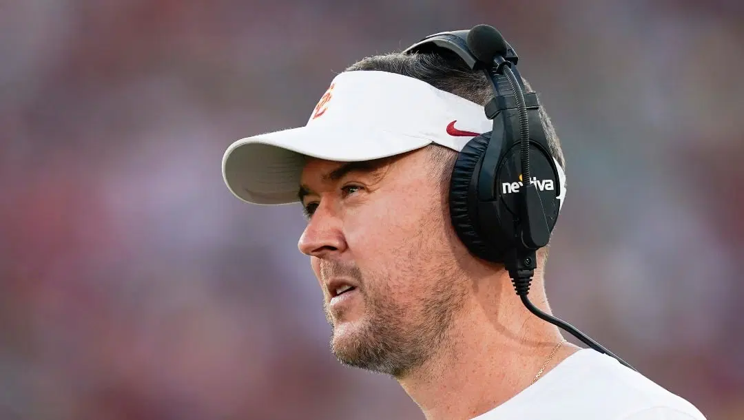 Southern California head coach Lincoln Riley watches during the first half of an NCAA college football game against Utah, Saturday, Oct. 21, 2023, in Los Angeles. (AP Photo/Ryan Sun)