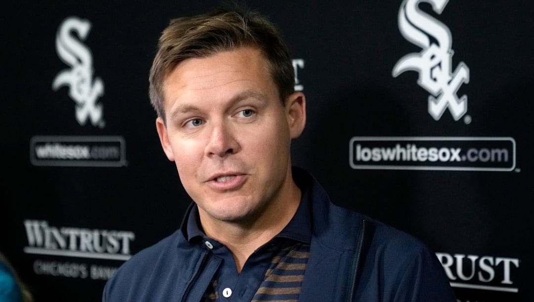 Chicago White Sox general manager Chris Getz talks with reporters before a baseball game against the Tampa Bay Rays, Friday, April 26, 2024, in Chicago.