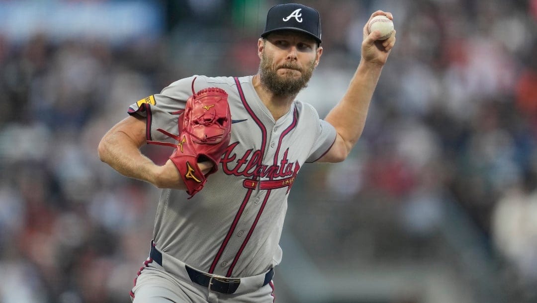 Atlanta Braves pitcher Chris Sale works against the San Francisco Giants during the first inning of a baseball game in San Francisco, Monday, Aug. 12, 2024.