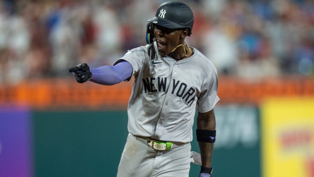 New York Yankees' Jazz Chisholm Jr. reacts to his three-run home run during the seventh inning of a baseball game against the Philadelphia Phillies, Tuesday, July 30, 2024, in Philadelphia.