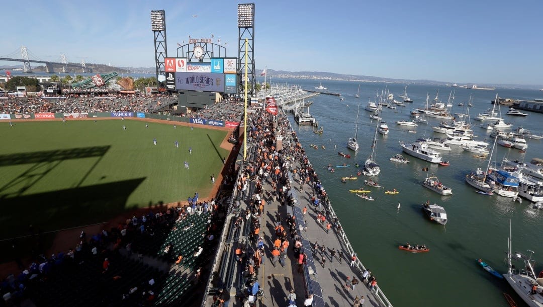 Boats fill McCovey Cove as the Kansas City Royals take batting practice before Game 5 of baseball's World Series against the San Francisco Giants Sunday, Oct. 26, 2014, in San Francisco.