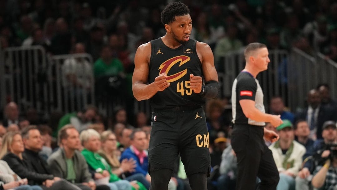 Donovan Mitchell #45 of the Cleveland Cavaliers celebrates during the game against the Boston Celtics during Round 2 Game 2 of the 2024 NBA Playoffs on May 9, 2024 at the TD Garden in Boston, Massachusetts.