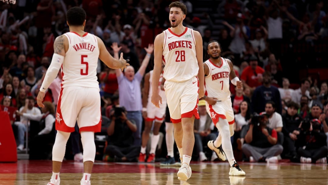 Alperen Sengun #28 of the Houston Rockets reacts in the second half against the San Antonio Spurs at Toyota Center on March 05, 2024 in Houston, Texas.