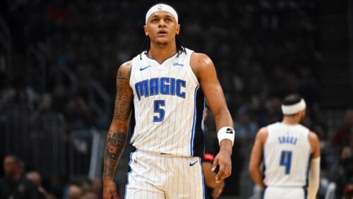 Paolo Banchero #5 of the Orlando Magic reacts as he walks down court during the first quarter of game five of the Eastern Conference First Round Playoffs against the Cleveland Cavaliers at Rocket Mortgage Fieldhouse on April 30, 2024 in Cleveland, Ohio.