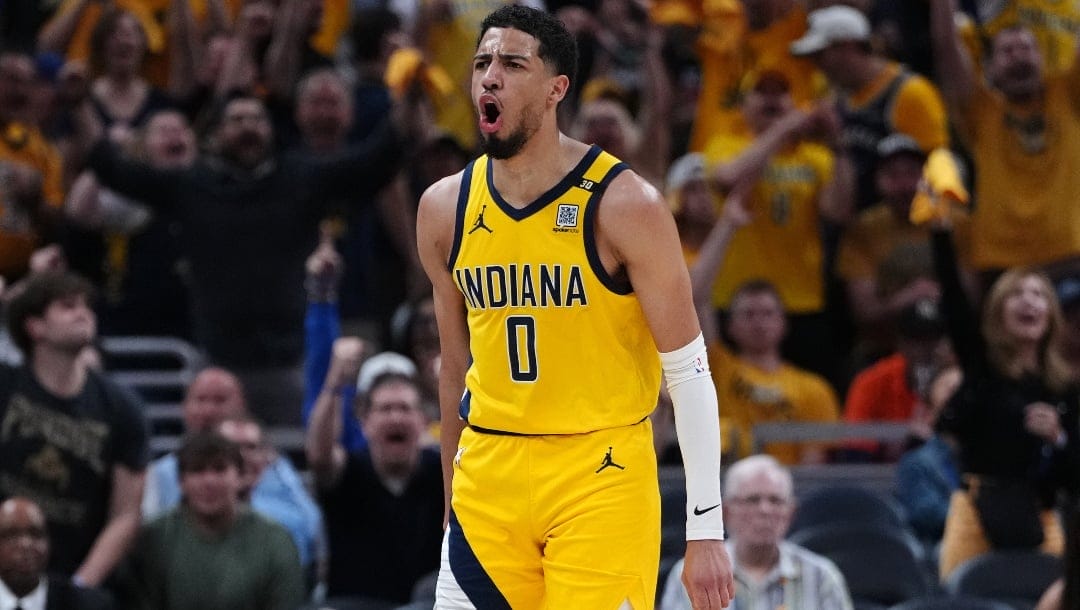 Tyrese Haliburton #0 of the Indiana Pacers reacts after a three point basket against the New York Knicks in Game Four of the Eastern Conference Second Round Playoffs at Gainbridge Fieldhouse on May 12, 2024 in Indianapolis, Indiana.