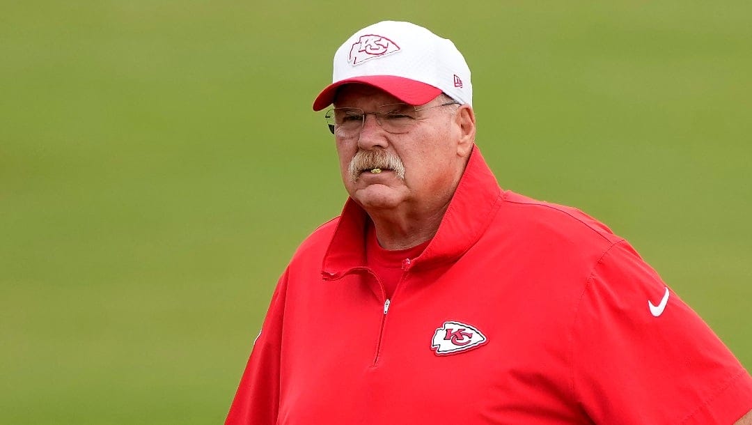 Kansas City Chiefs head coach Andy Reid watches a drill at NFL football training camp Wednesday, Aug. 14, 2024, in St. Joseph, Mo. (AP Photo/Charlie Riedel)