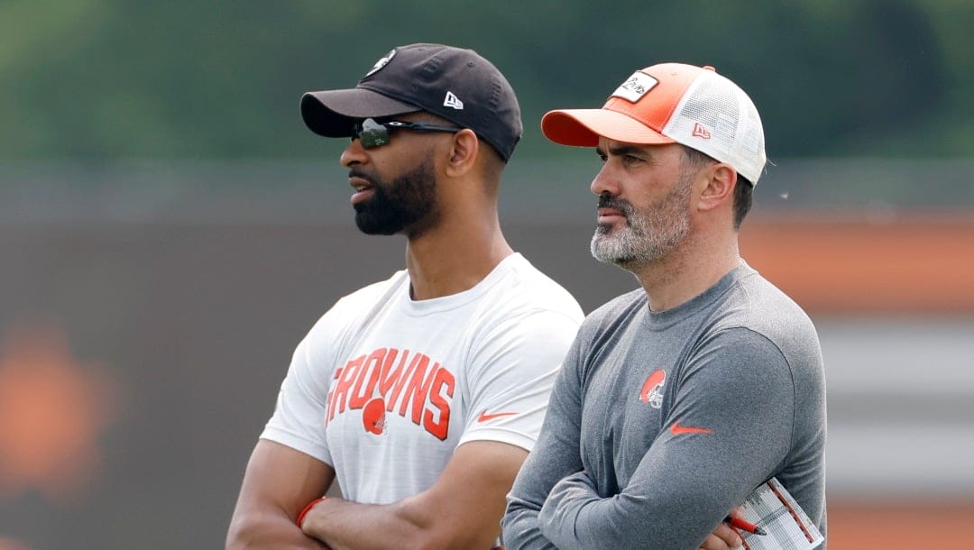 FILE - Cleveland Browns head coach Kevin Stefanski, right, stands with general manager Andrew Berry during drills at the NFL football team's practice facility Tuesday, June 6, 2023, in Berea, Ohio. The Browns have rewarded Stefanski and Berry with contract extensions after they brought success and stability to an organization that had little before their arrival. (AP Photo/Ron Schwane, FIle)