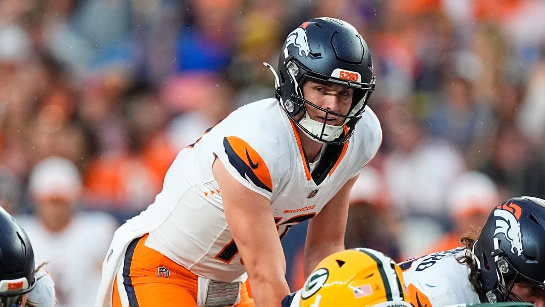 Denver Broncos quarterback Bo Nix () in an NFL preseason football game Sunday, Aug. 18, 2024, in Denver. (AP Photo/David Zalubowski)