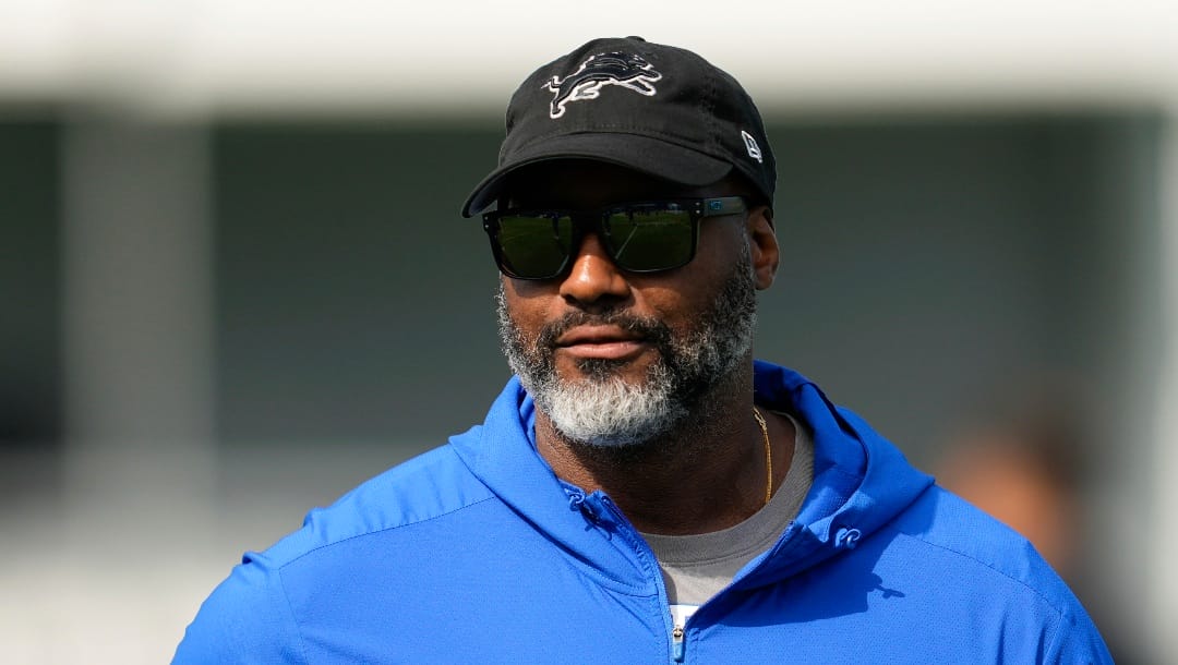 Detroit Lions general manager Brad Holmes watches during an NFL football practice in Allen Park, Mich., Thursday, July 25, 2024. (AP Photo/Paul Sancya)